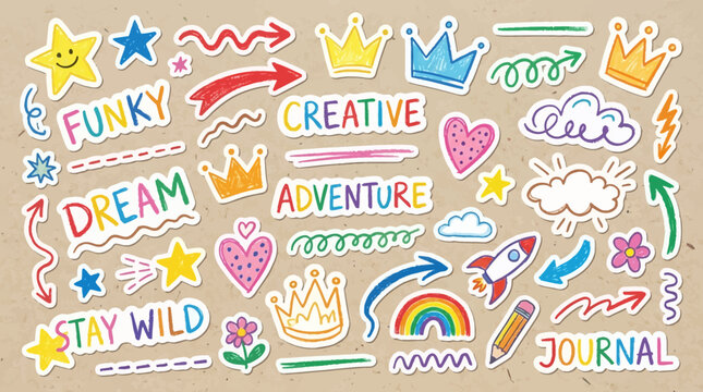 Hand Drawn Doodle Sticker Collection Featuring Vibrant Creative Symbols and Playful Lettering Designs