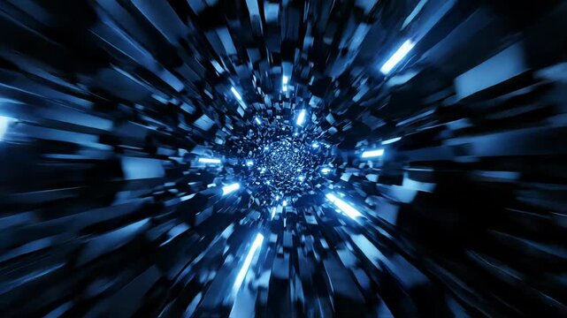 Abstract digital tunnel with glowing blue light particles and geometric shapes moving at high speed in cyberspace