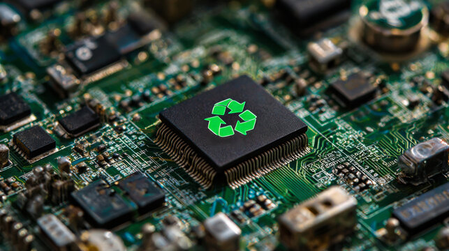 A close-up view of a computer circuit board shows a recycle symbol on a processor. This highlights the need to recycle electronics.