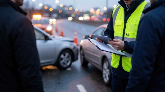 Vehicle mishap consequence: car crash, traffic accident, insurance claim, Europrotocol document, road collision, incident adjust, damage assess, safety measure.