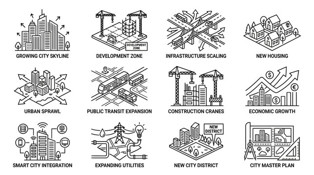 Urban Development and City Growth Icons: Skyline, Construction, Infrastructure, Housing, Smart City
