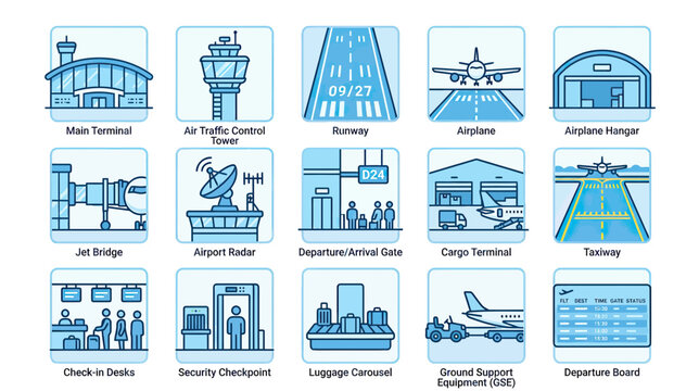 Airport Icons Set: Terminal, Runway, Airplane, Control Tower, Jet Bridge, Luggage