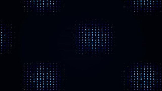 Glowing alphanumeric character grids displaying vibrant spectrum colors across a dark interface for modern data systems