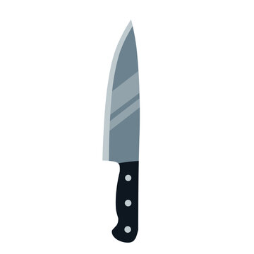 Steel kitchen chef knife with black handle in flat vector style for meat cutting