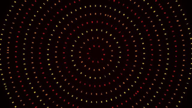 Multicolored circular patterns of alphanumeric characters forming concentric rings on a deep dark setting