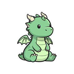 Obraz premium Cute Green Baby Dragon Sitting, Adorable Fantasy Creature Illustration