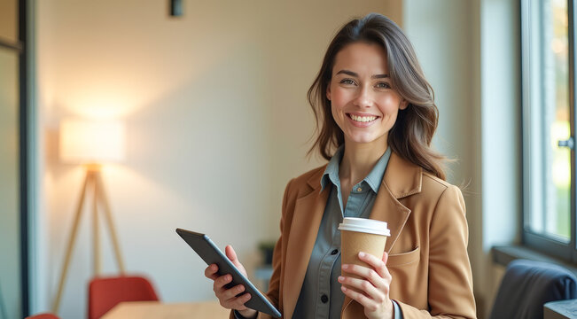 a businesswoman with a tablet in her hands and a glass of coffee