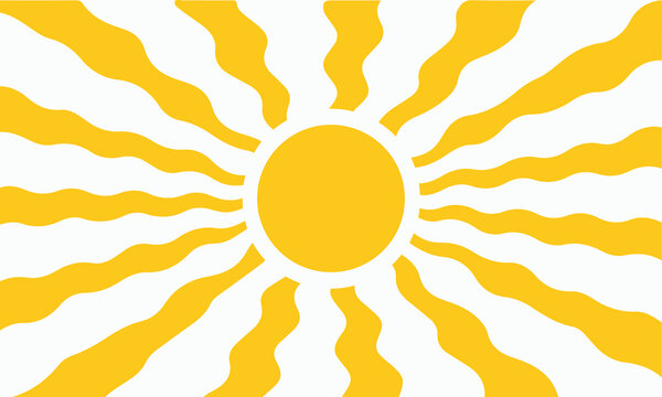 Stylized sunburst symbol bright yellow and white abstract background with wavy rays emanating from center circle representing warmth energy and light solar power concept for design.