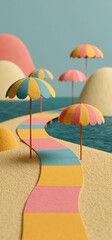Fototapeta premium Colorful beach pier with umbrellas on summer day. Miniature boardwalk extending into the sea with striped umbrellas under a clear sky