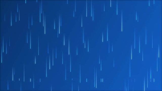 Glowing lightning strikes illuminate a heavy rain shower falling through a dark blue night sky atmosphere