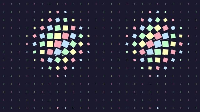 Pastel colored geometric square shapes arranged in a repeating grid pattern across a dark blue surface