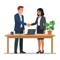Obraz premium Business professionals shaking hands over a wooden office desk with a laptop and potted plant