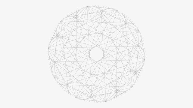 Complex geometric pattern of interconnected lines forming a circular network structure for scientific or mathematical visualization