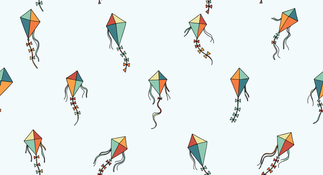 Playful seamless pattern of colorful kites with long tails and ribbons flying in a clear light blue sky background.