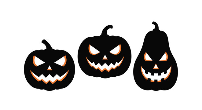 Three different shaped halloween pumpkins with carved scary faces shown as black silhouettes with orange eyes and mouths.