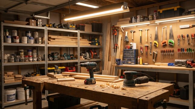 A cluttered workshop interior with tools on a wooden workbench and shelving