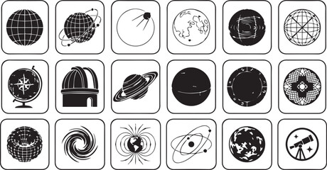 Astronomy and globe icons vector collection featuring planets, Earth, telescope, observatory, orbit, celestial navigation, and space exploration symbols © Milon