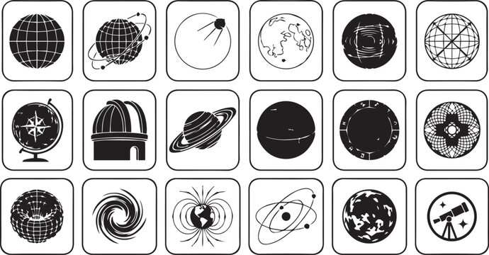 Astronomy and globe icons vector collection featuring planets, Earth, telescope, observatory, orbit, celestial navigation, and space exploration symbols