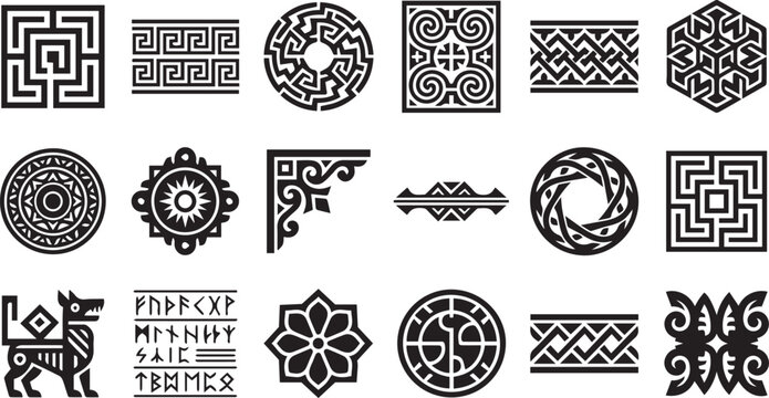 Ancient geometric ornament symbols vector collection featuring labyrinths, Celtic motifs, tribal patterns, runes, decorative borders, and ethnic design elements