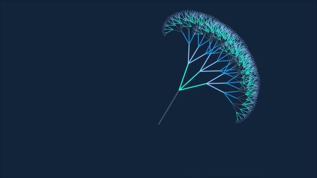 Glowing fractal tree structure branching outward with geometric precision and vibrant light lines on dark navy