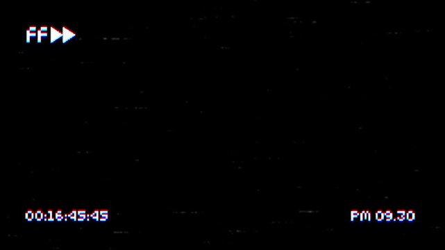 VHS fast forward glitch effect retro tape static overlay featuring classic analog tape distortion, horizontal scanlines, and a simulated camcorder display interface