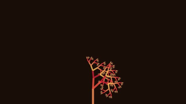 Mathematical growth simulation showing geometric tree branching patterns expanding in stages across a dark landscape
