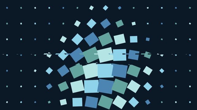 Blue squares pattern transition featuring a dynamic grid of rotating geometric shapes on dark navy surface