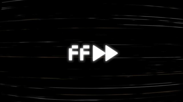 VHS glitch fast forward effect retro tape static overlay featuring an analog tape distortion effect with pixelated "FF" text and a flickering double arrow icon centered on screen