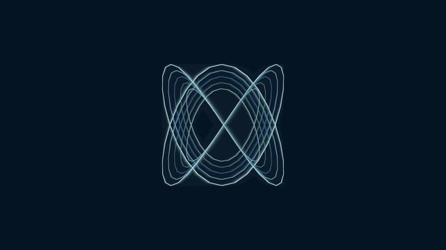 Glowing neon light geometric lines forming complex patterns of continuous swirling energy loops in dark space