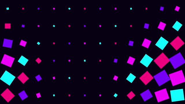 Vibrant purple and cyan squares arranged in a rhythmic pattern across a dark space environment