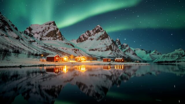 Serene snowy mountain landscape with mesmerizing aurora reflections and peaceful natural beauty