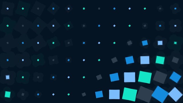 Moving blue and teal squares create a dynamic rhythmic motion pattern across a dark deep navy surface