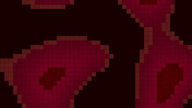 Dark red liquid cellular structures forming flowing patterns in a grid based pixelated visual display