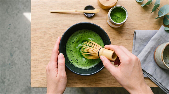 Top View Preparation Organic Matcha Green Tea Powder Whisked in Black Bowl Traditional Japanese Ceremony Wooden Table Setting Healthy Antioxidant Beverage Making Process Zen Lifestyle Aesthetic High
