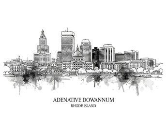 Fototapeta premium Black and white ink sketch of Providence Rhode Island skyline featuring State House dome, Industrial National Bank Building, downtown skyscrapers, and waterfront with watercolor splatter.