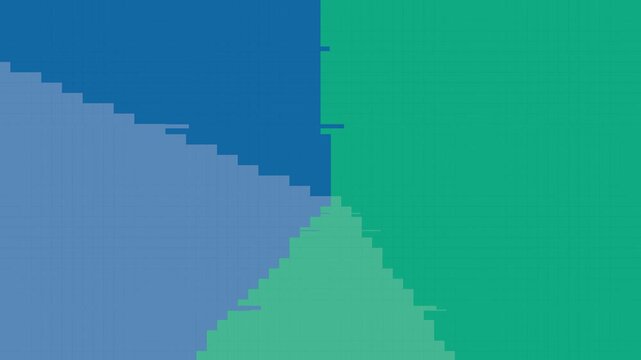 Multiple frames showing a dynamic transition of geometric shapes in shifting shades of green and blue