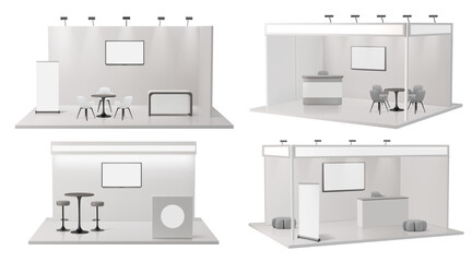 Exhibition stand. Event, fair trade booth or expo chair, kiosk design. Table desk, furniture wall or blank shop seat. White exhibition stands with counter and digital screen. Vector template © SpicyTruffel