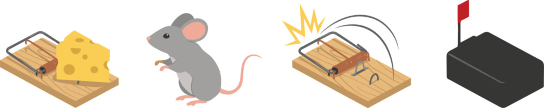Mousetrap and Rodent Control Element Set with Wooden Snap Trap Cheese Cute Gray Mouse and Modern Bait Station Vector Illustration