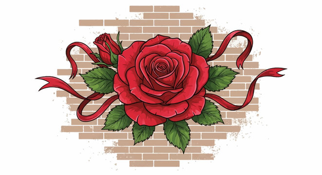 Detailed illustration of a blooming red rose and rosebud with green leaves and flowing red ribbons, set against a weathered brick wall section on a white background, vector graphic.