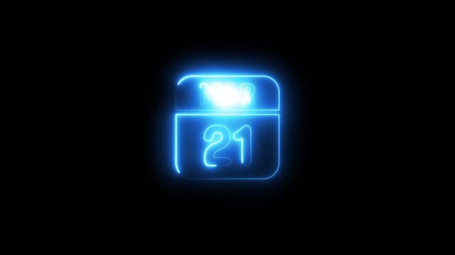 Neon march 21 calendar date glowing blue light animation
