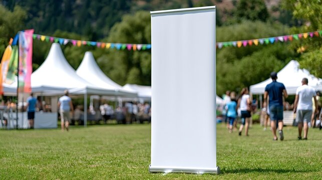 White roll up banner providing copy space for advertising or branding at an outdoor event in a park with blurred people, tents, and party flags in the background