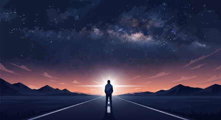 Fototapeta premium Silhouette of a lone man standing on a straight highway facing a bright horizon light under a vast starry night sky with the Milky Way galaxy and a distant mountain range landscape.