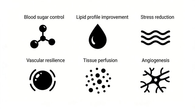 The black silhouette metabolic cardiovascular icon represents the concept of regulating blood sugar, improving blood lipids, relieving stress, and reshaping vascular resilience.
