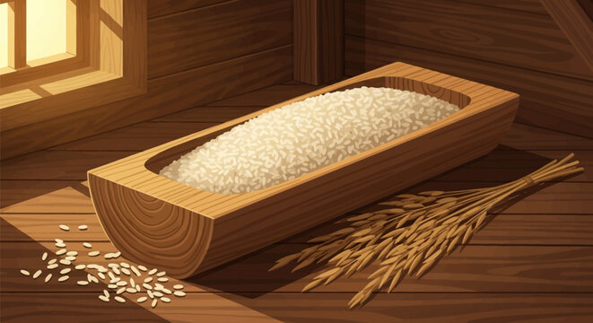 Rustic illustration of a carved wooden log trough overflowing with white rice grains, placed on a dark plank floor inside a barn with dried rice stalks and sunlight from a side window.