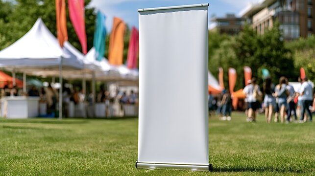 Blank white pull up banner standing on green grass at an outdoor fair or festival with tents, colorful flags, and blurred people enjoying the event in the background