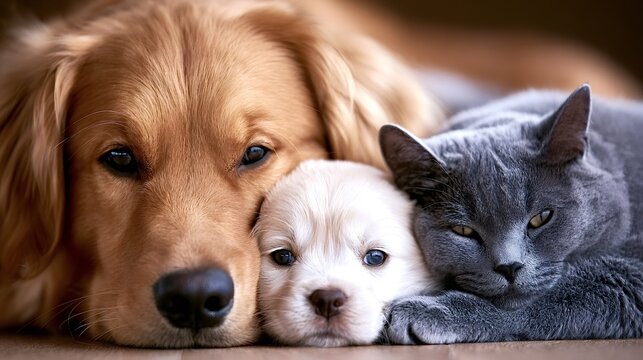 Golden retriever dog, small white puppy, and gray cat cuddling closely, symbolizing friendship, togetherness, and family bonds among domestic pets