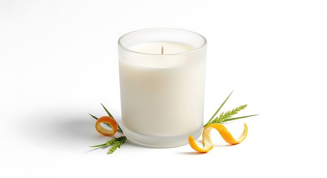 A fragrant citronella candle in a frosted glass holder adorned with fresh orange peels and green grass blades set against a clean white background studio shot