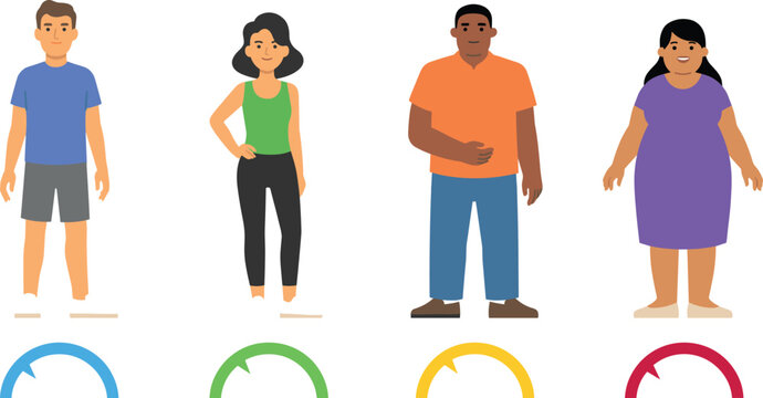 Body Mass Index BMI Scale Vector Set with Diverse People Characters from Underweight to Obese for Health Fitness and Weight Loss Infographic Designs