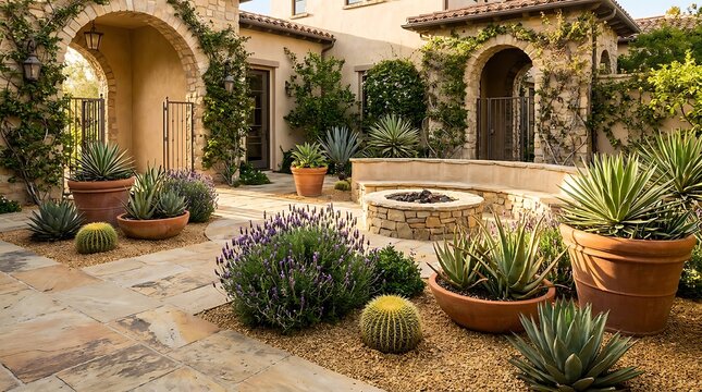 Beautiful mediterranean style outdoor patio garden with succulent plants and stone fire pit. low-water garden designs