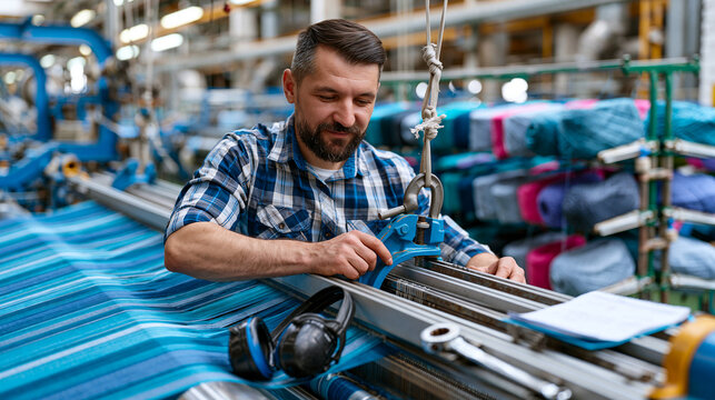 warp beam technician adjusts heddle frames on a wide-width industrial loom in a textile mill operation, yarn packages queued on a creel stand behind, decibel protection earmuffs hanging from the bea